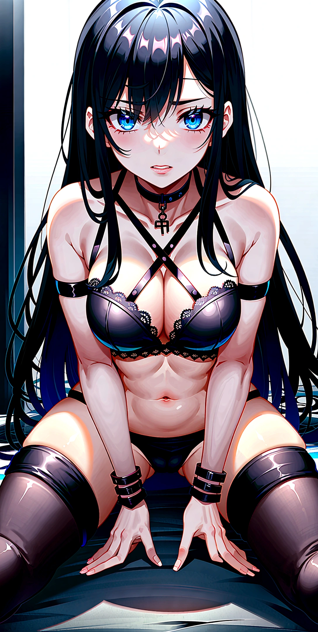 , black hair, blue eyes, hurt, slave, cry, sad, chained, scared, white underwear