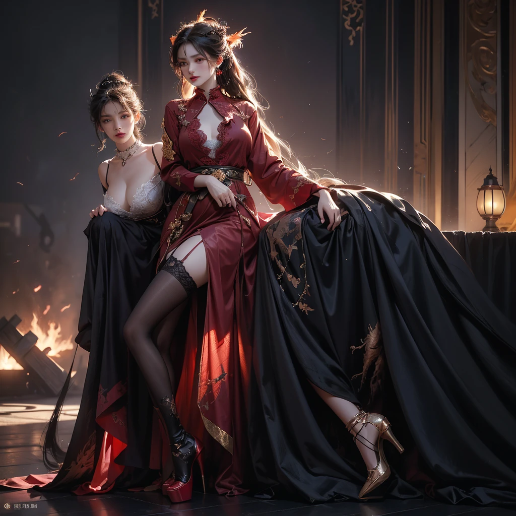 best quality, Olivia Wilde, masterpiece, highres, 2 girls, lesbians, hanfu, white and even teeth, erotic pose, red irises, ponytail, very long hair, bdsm, chinese women's clothing, wearing a nightgown thin lace deep slit chest, chinese underwear, lace stockings, both girls wearing stockings and heels, mesh stockings with hooks on underwear, garter belt, lace socks worn at the waist, turtleneck polo lace top, full body shot, shot from behind, seductive girls, high heels, high boots, choker, long gloves, hair ornaments, necklace, jewelry, crown jewelry. Pretty face, full body, magic import style, tyndall effect, photo realistic, dark studio, border light, two tone light, (high detail skin: 1.2), 8k uhd, dslr , soft light, high quality, volumetric light, candid, Photo , high resolution, 4k, 8k, Bokeh, (light pink lips), 1 beautiful demon from hell, In the Dark: 1.6), surreal full body of women by David Hockney and Alphonse Mucha, fantasy art, photorealism, dynamic lighting, station art, posters, volumetric lighting, highly detailed faces , super 8k, Awarded, in the dark, deep shadow, low light, cowboy lens, (Red phoenix shirt: 1.4), bust, luxury palace, Royal style family, bedroom background, sharp and detailed makeup, lipstick, Best face, Very round and tight breasts, Surreal, charming smile, Beautiful eye makeup, guweiz, devil style, (full body), (Background detail 1.8), , moderately big butt, 