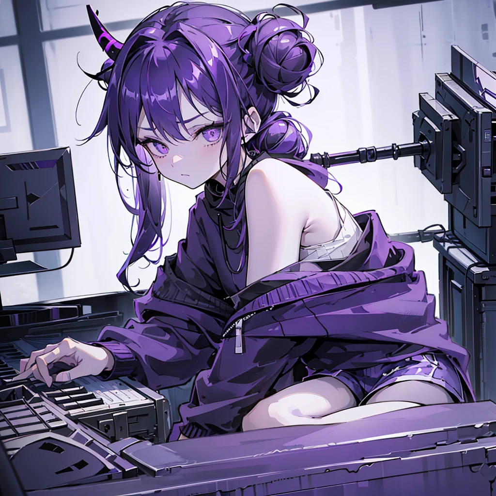 1 girl, Punk Makeup, (hair ornaments),(Grin), Get on both knees, Sexy ass, Colorful clothes, Black and purple hair, Short Bob, Low ponytail at back, Leather skirt, Naughty look, Beautiful expression, Pink Eyes, (Hearts in eyes), Cold Background,18-year-old, Colorful Hair, Messy Hair, Romanticism, modern art, Impressionism, reflected light, 8k, masterpiece, Advanced Details, highest quality,