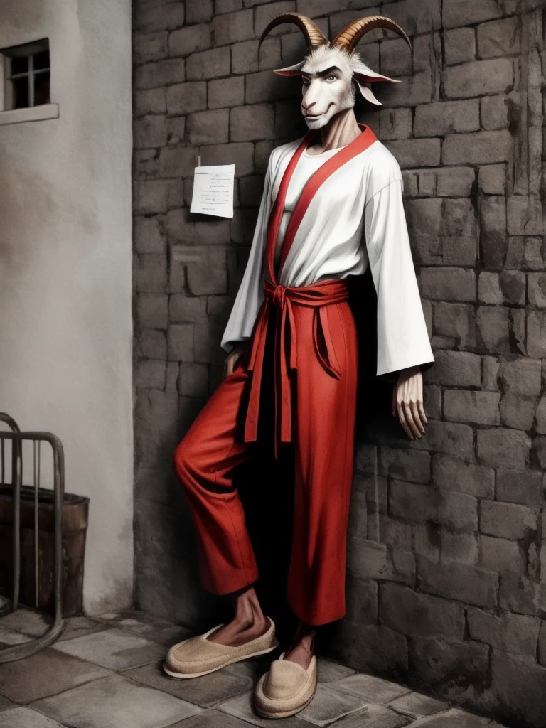 Slim male brown anthropomorphic goat wearing a white shirt and a red bathrobe wearing brown pants and gray slippers on top and has the letter W on the iron wall in the background