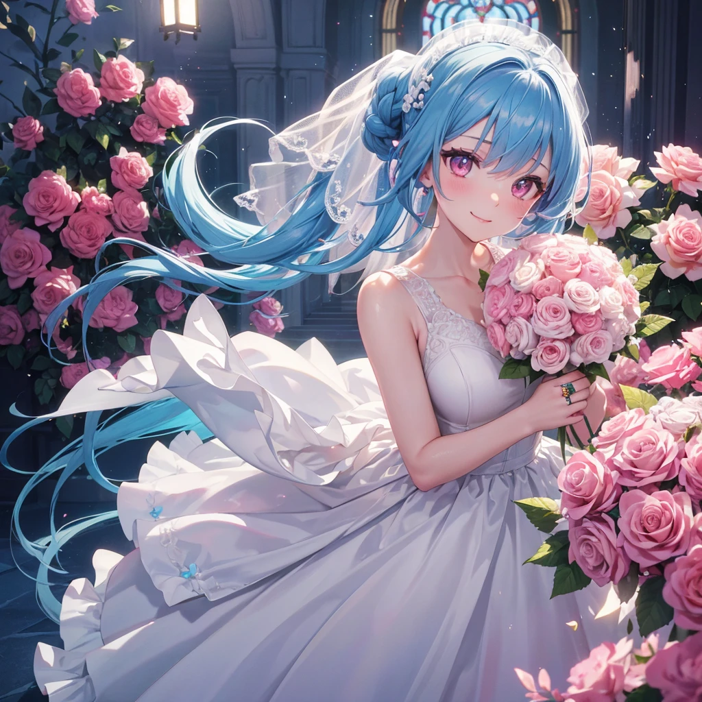 Sky blue hair, (One braided ponytail),(Pink Eyes),Fair skin ,(whole body),(One girl),bride,A big smile,Straight bangs, 6月のbride,Wedding dress,(masterpiece, Highest quality, Very detailed, Best Shadow), (Detailed Background), (Beautifully detailed face), High Contrast, (Best lighting, Very delicate and beautiful), ((Cinematic Light)), colorful, Hyper Detail, Dramatic Light, Intricate details,Chapel background,A bouquet of roses in the right hand,Ring on left ring finger,