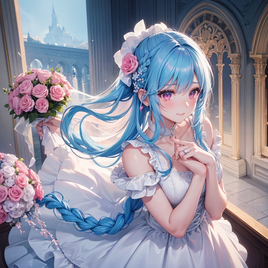 Sky blue hair, (One braided ponytail),(Pink Eyes),Fair skin ,(whole body),(One girl),bride,A big smile,Straight bangs, 6月のbride,Wedding dress,(masterpiece, Highest quality, Very detailed, Best Shadow), (Detailed Background), (Beautifully detailed face), High Contrast, (Best lighting, Very delicate and beautiful), ((Cinematic Light)), colorful, Hyper Detail, Dramatic Light, Intricate details,Chapel background,A bouquet of roses in the right hand,Ring on left ring finger,