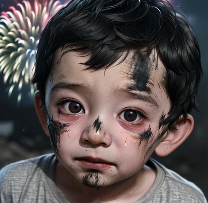 A little boy is left covered in soot and battered by a firework explosion in a comedy movie