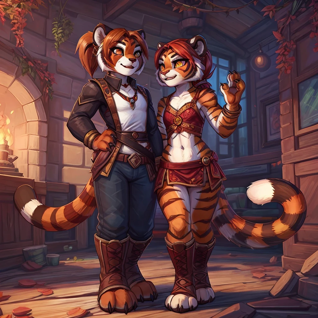 (4fingers), small_round_ears, small_panda_ears, pandaren, world_of_warcraft, furry, anthropomorphic, fluffy_tail, foxtail, cfemale, claws, red_panda, tiger_stripes, tiger_face, flat_chested, teen, teenager, amber_eyes, (pupils), (tiger_legs), black_left_foot, white_right_foot, (four_fingers), waist_long_ponytail, brown_hair, ((three_toes)), ((3toes)), ((detailed_eyes)), ((detailed_face)), detailed_hands, simple clothes, simple outfits, shirt, pants, boots, couple, two females, height difference, civilian clothing,