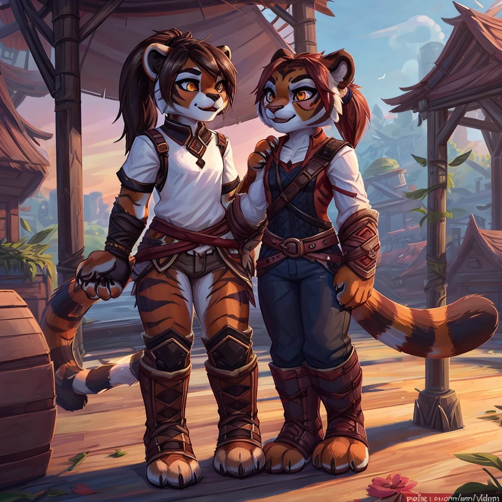 (4fingers), small_round_ears, small_panda_ears, pandaren, world_of_warcraft, furry, anthropomorphic, fluffy_tail, foxtail, cfemale, claws, red_panda, tiger_stripes, tiger_face, flat_chested, teen, teenager, amber_eyes, (pupils), (tiger_legs), black_left_foot, white_right_foot, (four_fingers), waist_long_ponytail, brown_hair, ((three_toes)), ((3toes)), ((detailed_eyes)), ((detailed_face)), detailed_hands, simple clothes, simple outfits, shirt, pants, boots, couple, two females, height difference, civilian clothing,