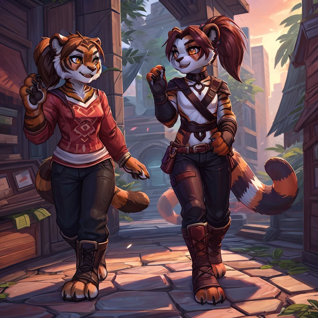 (4fingers), small_round_ears, small_panda_ears, pandaren, world_of_warcraft, furry, anthropomorphic, fluffy_tail, foxtail, cfemale, claws, red_panda, tiger_stripes, tiger_face, flat_chested, teen, teenager, amber_eyes, (pupils), (tiger_legs), black_left_foot, white_right_foot, (four_fingers), waist_long_ponytail, brown_hair, ((three_toes)), ((3toes)), ((detailed_eyes)), ((detailed_face)), detailed_hands, simple clothes, simple outfits, shirt, pants, boots, couple, two females, height difference, civilian clothing,