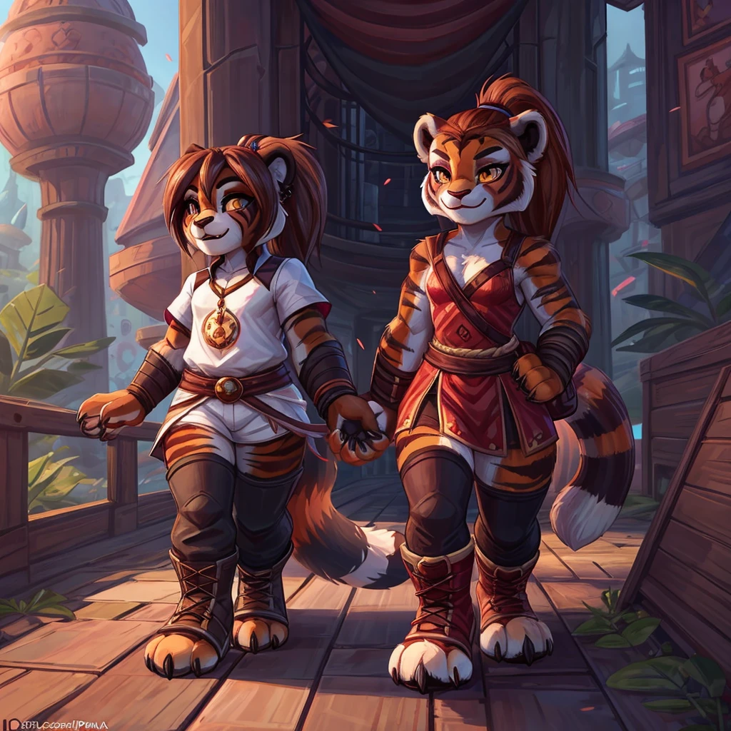 (4fingers), small_round_ears, small_panda_ears, pandaren, world_of_warcraft, furry, anthropomorphic, fluffy_tail, foxtail, cfemale, claws, red_panda, tiger_stripes, tiger_face, flat_chested, teen, teenager, amber_eyes, (pupils), (tiger_legs), black_left_foot, white_right_foot, (four_fingers), waist_long_ponytail, brown_hair, ((three_toes)), ((3toes)), ((detailed_eyes)), ((detailed_face)), detailed_hands, simple clothes, simple outfits, shirt, pants, boots, couple, two females, height difference, civilian clothing,