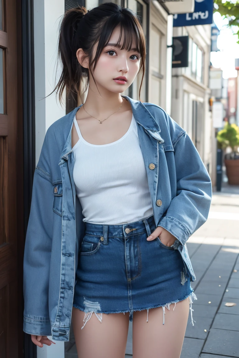 One girl、White long sleeve jacket、Brown Bob Hair、Brown ponytail、Denim mini skirt、Denim tank top