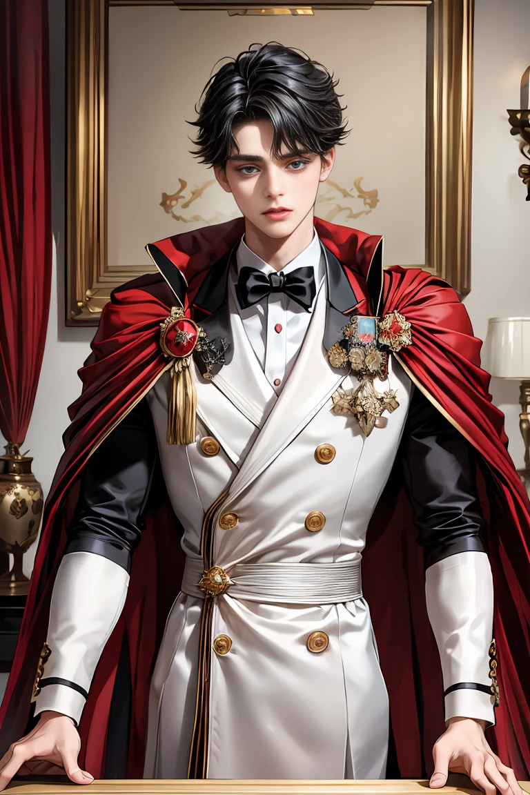 
masterpiece, 最high quality, high quality, 1 boy, alone, Male focus, Watching the audience,  Messy black hair, Adorable big blue eyes, White people, Noble, Noble,Sexy voluminous black and red cape、Tuxedo、A very voluminous, large, very large, very large, long, long red and black cape with a high stand-up collar, reaching down to the floor, made of a lot of fabric., ,Cute beautiful boys,Cute, cute, kind, handsome guy