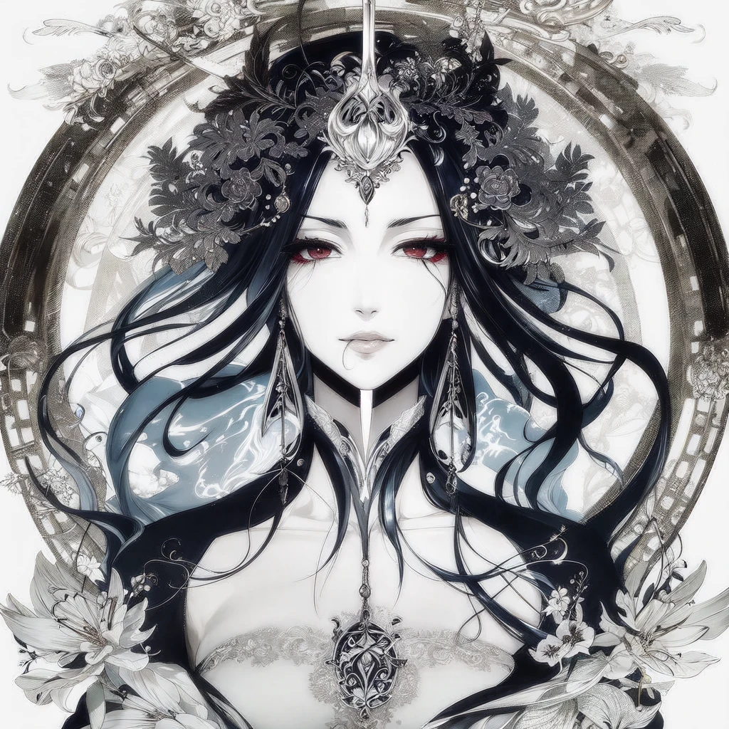 Art by Unohana kempachi, with sexy droopy eyes, and your mouth with a longer smile in a sexy way, and his body and hair with parts painted in blood, Strong Red.