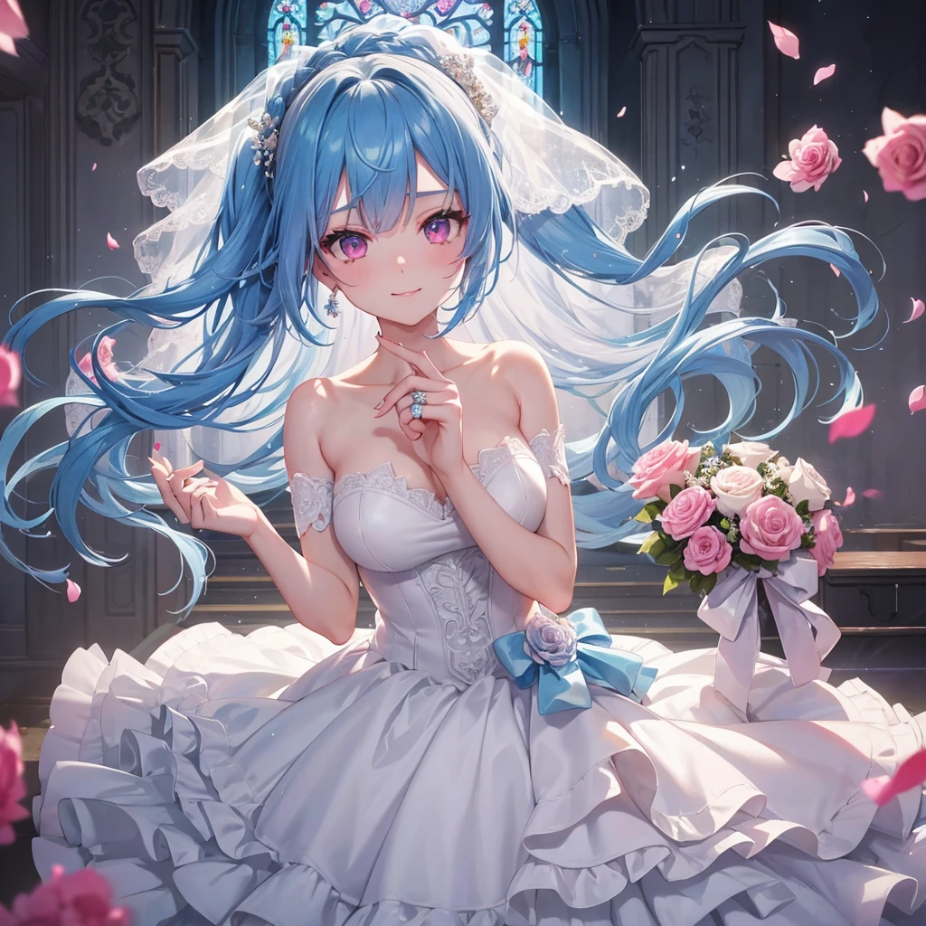 Sky blue hair, (One braided ponytail),(Pink Eyes),Fair skin ,(whole body),(One girl),bride,A big smile,Straight bangs, 6月のbride,Wedding dress,(masterpiece, Highest quality, Very detailed, Best Shadow), (Detailed Background), (Beautifully detailed face), High Contrast, (Best lighting, Very delicate and beautiful), ((Cinematic Light)), colorful, Hyper Detail, Dramatic Light, Intricate details,Chapel background,A bouquet of roses in the right hand,Ring on left ring finger,