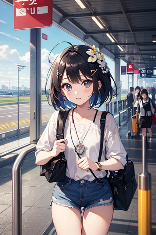Highest quality、Black Hair、Iris、short hair、girl、cute、、、Small hair ornament、1 person、trip、The location is the airport、Pull the carry case、I'm looking forward to、I'm thrilled、