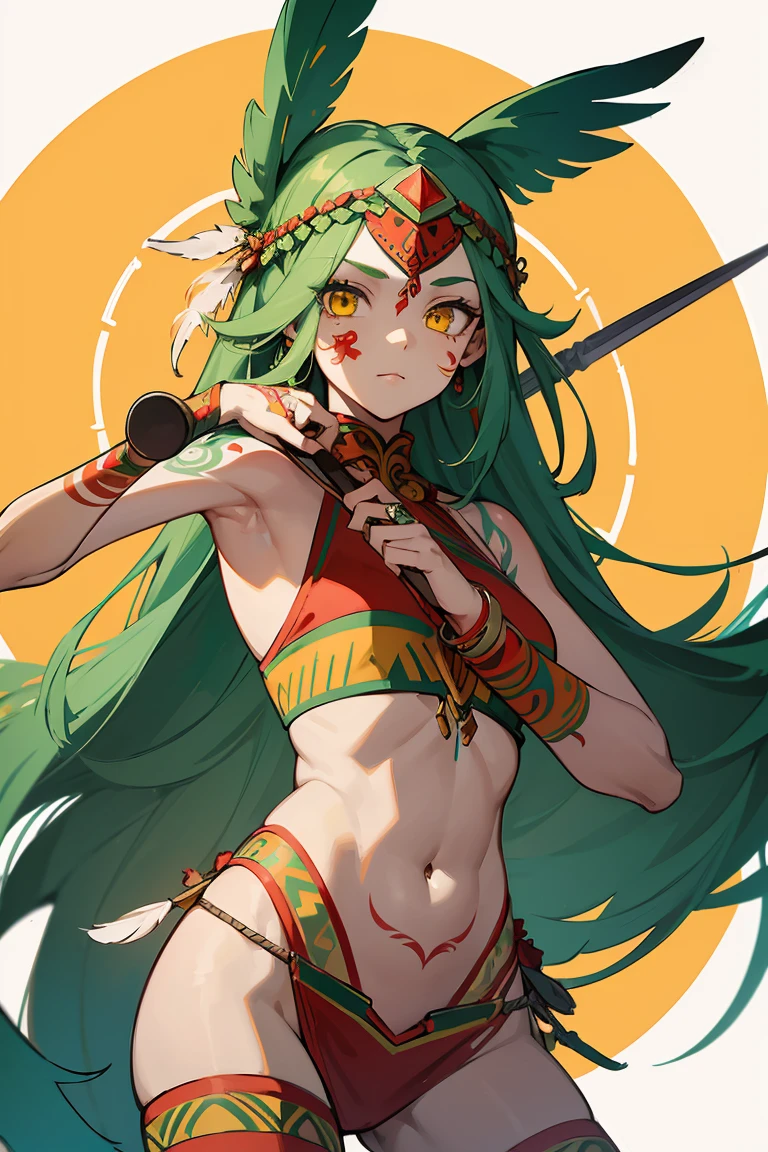 masterpiece, high quality, perfect face, 1girl, woman, tall, native, tribal, long green hair, head covering made of bird feather, yellow eyes, red tattoo on face, red tattoo on body, tribal clothes, tummy, navel, holding spear, long spear weapon