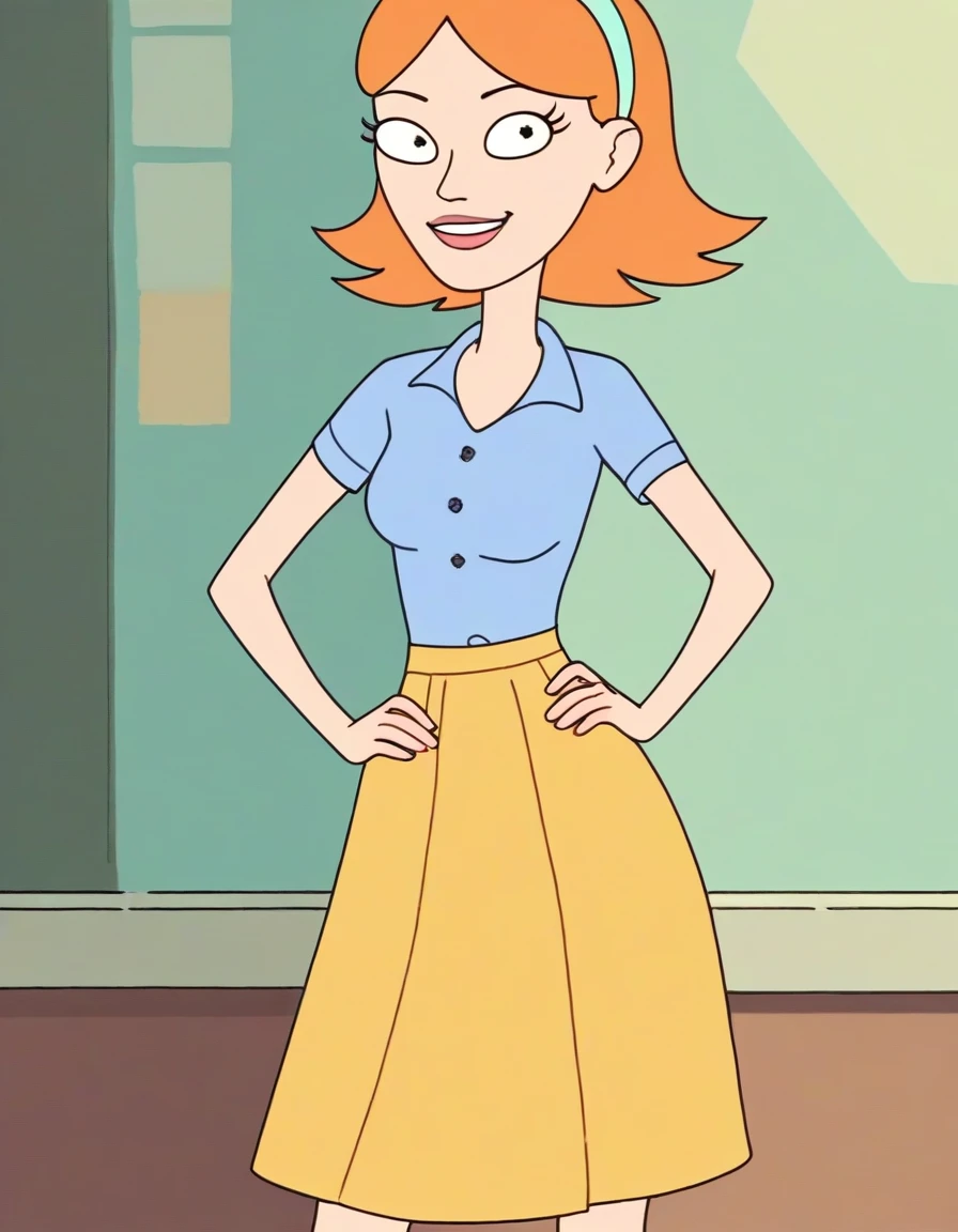 score_9,score_8_up,score_7_up,score_6_up,score_5_up,score_4_up, rating_safe,1 girl, solo, standing, smile, hands on hips, looking on viewer, Jessica, orange hair, hairband, short hair, skirt, blue shirt, black pupils