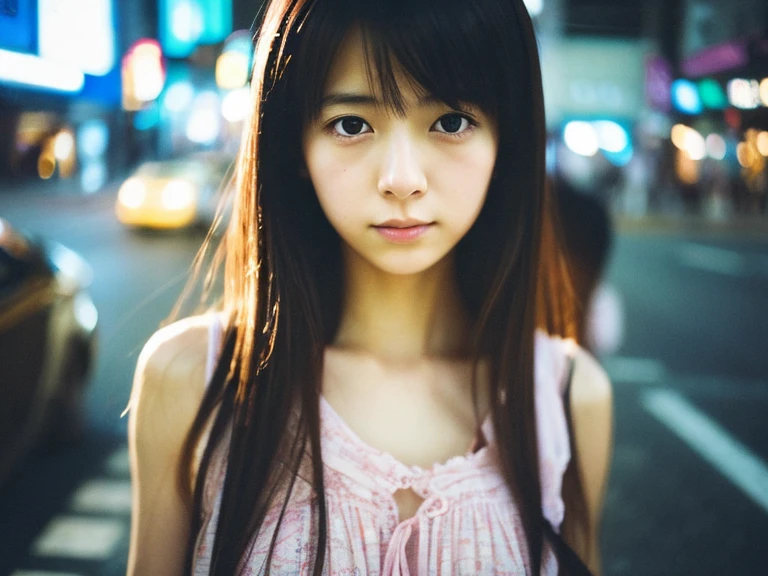 Japanese beautiful girl, Embarrassed look, figure, (Highest quality, Super detailed), front、Gentle lighting, Flowing Hair,one piece、 Delicate features, Dreamy atmosphere、Analog Film Photography、20-year-old、90'、Cyberpunk-style lo-fi animation、