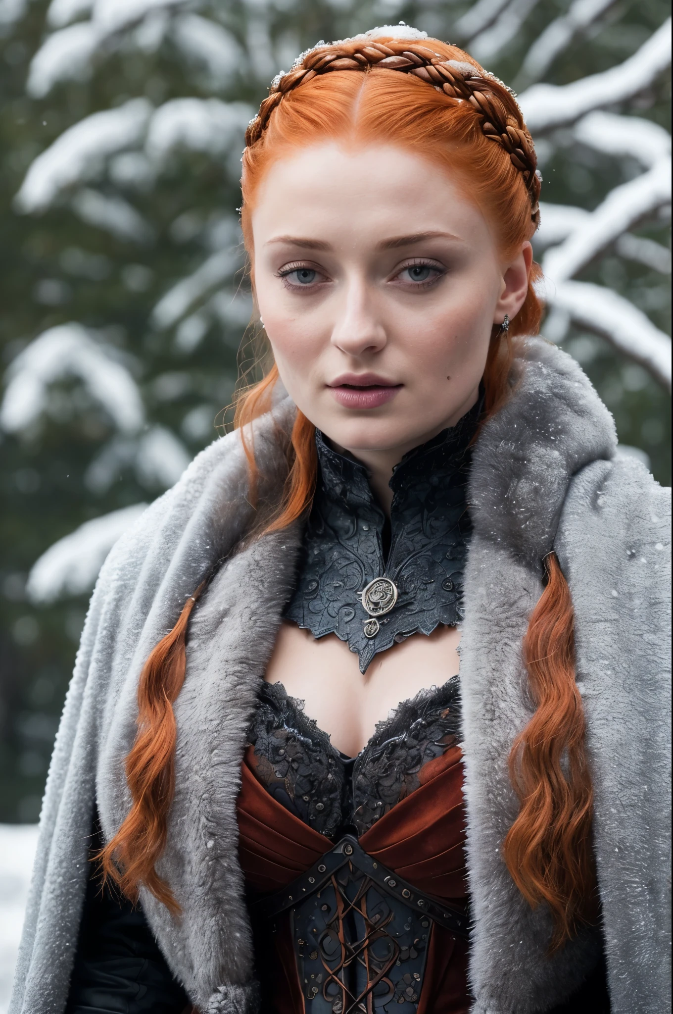 Face of Sophie Turner, Sansa Stark played by Sophie Turner, (solo), the de facto Lady of the Eyrie, is a 50-year-old mature queen with a stunning, alluring appearance. Full Face, full figured woman, mature beauty, pierced eyes, reddish lips, upper body shot, erotic Mediaeval costumes, game of thrones costumes, She wears a Game of Thrones-inspired costume and has a deep cleavage, a perfect thick body, and a perfect thick figure. The photograph captures her in a close-up, with her skin texture and facial features being ultra-realistic and realistic. Juicy thick figure, high quality skin, Skin pores, amazing details, snow, snow flakes, semi realistic, extremely detailed eyes, dark moody orange and black settings, cool environment, artificial intelligence