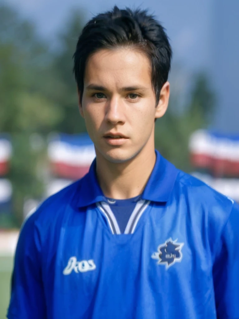 The image is a photograph of a male athlete wearing a blue soccer uniform with the word \"GOS\" and a logo on the left chest. He has dark hair and is looking slightly to his right with a focused expression.