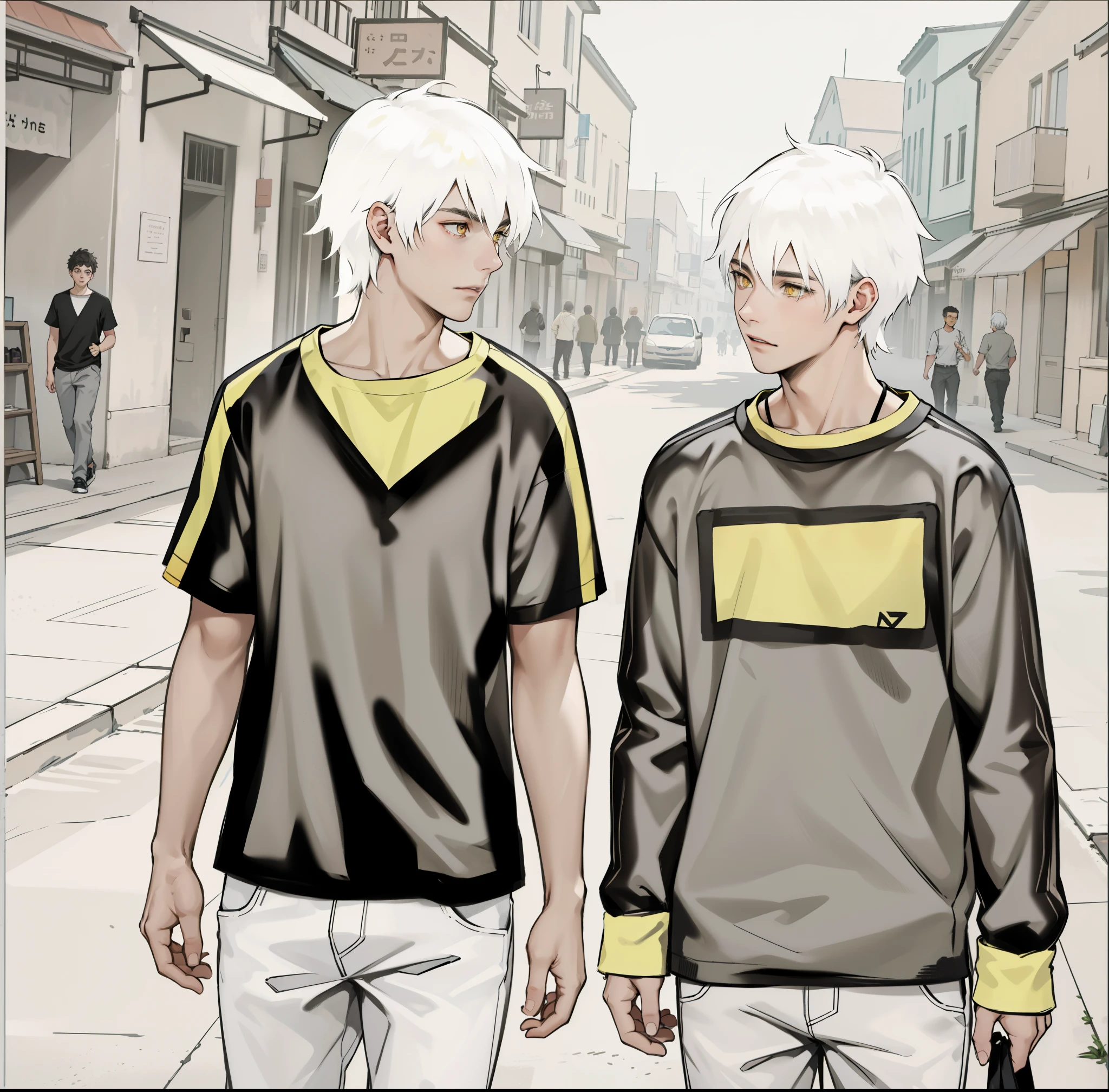There are two young men of 18 years old, white hair and yellow eyes, walking through the streets of a town, talking about their clothes.