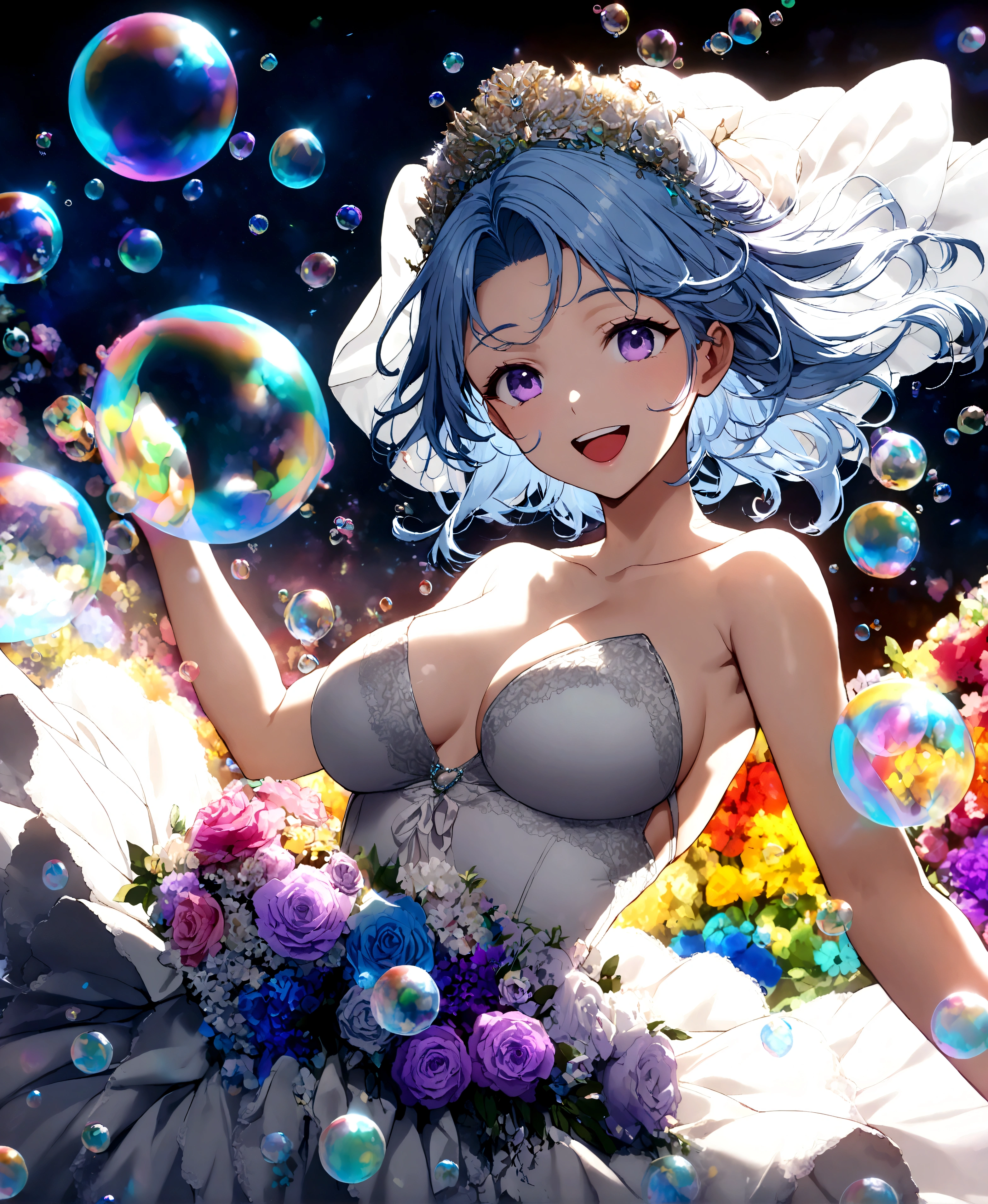 ((32k)), ((best quality)), ((ultra high res)), ((HDR)), ((UHD)), ((extremely detailed CG)), ((unity 32k wallpaper)), (((beautiful girl))), (((beautiful face))), (((white bikini))), ((((Wedding dress)))), light blue hair, purple eyes, ((cowboy shot)), ((((lots of floating bubbles)))), ((((colorful floating bubbles)))), (close up), (night), (((large breasts))), (open mouth), ((body floating)), (peer in from below), (smile), 