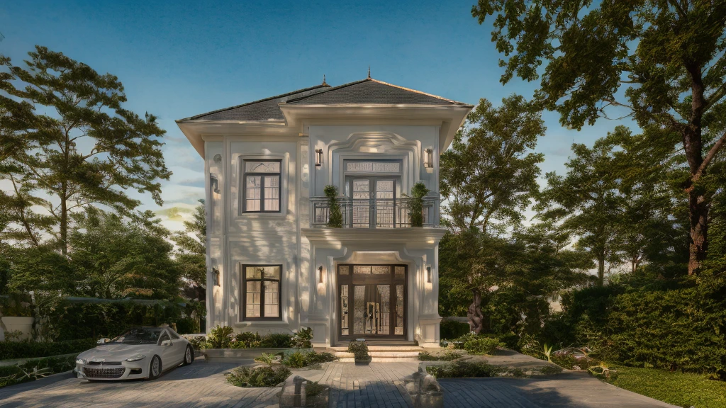 Neoclassic house, white wall, slope roof, indochine style, ( best quality) ((high solution)) ,(( photo realistic)) ,warm light, ,beautiful facade,curved windown,narrow and long ,two-storey,mutual colours, soft lighting, warm atmosphere,high Resolution, hyper detailed,4k ,vray render, octane render, hyper realistic, photography expert ,exterior design , professional photography, exterior photography,wide-angle shot , ultra detail , high Resolution , full frame, full body