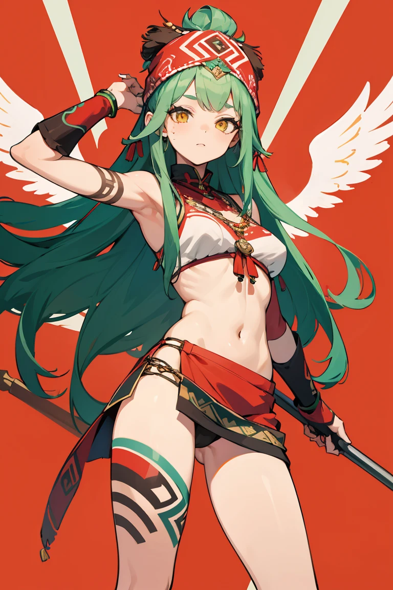 masterpiece, high quality, perfect face, 1girl, woman, tall, native, tribal, long green hair, head covering made of bird feather, yellow eyes, red tattoo on face, red tattoo on body, tribal clothes, tummy, navel, holding spear, long spear weapon