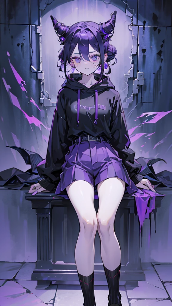 boy. thoughtful look. open forehead. black and purple hair tied in a bun on the left side to one side. sinuous black horns wrapped in dark purple ribbon. pale violet eyes. in short dark purple shorts. long white T-shirt. dark purple knee-high socks. dark purple long cloak with hood. ancient dark purple stone walls purple light from lamps on an old piano
