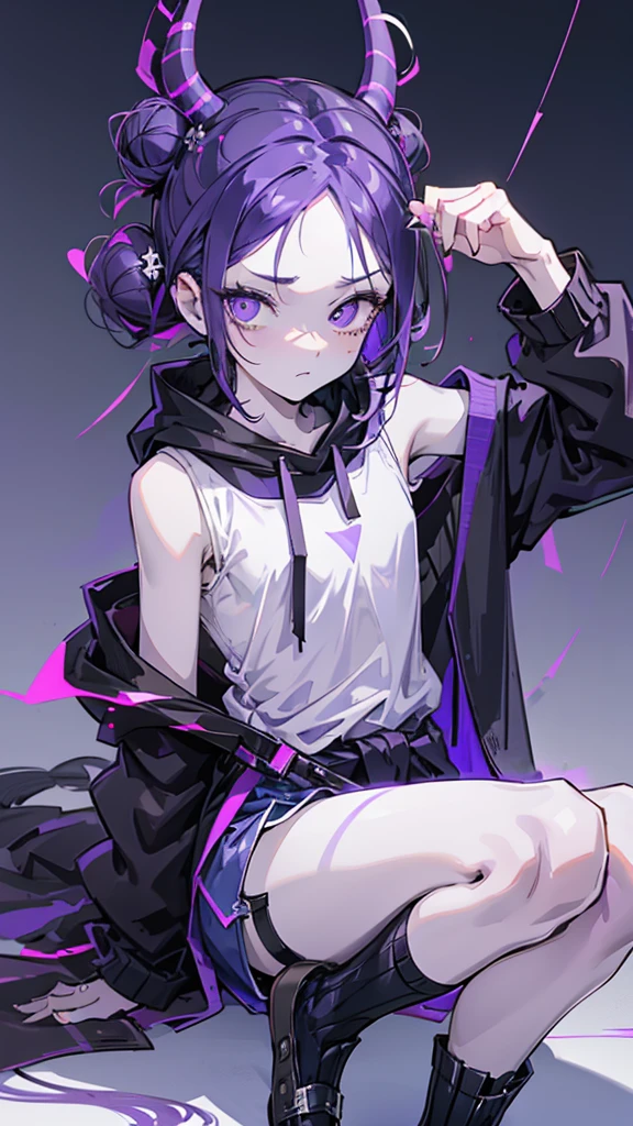 boy. thoughtful look. open forehead. black and purple hair tied in a bun on the left side to one side. sinuous black horns wrapped in dark purple ribbon. pale violet eyes. in short dark purple shorts. long white T-shirt. dark purple knee-high socks. dark purple long cloak with hood. ancient dark purple stone walls purple light from lamps on an old piano