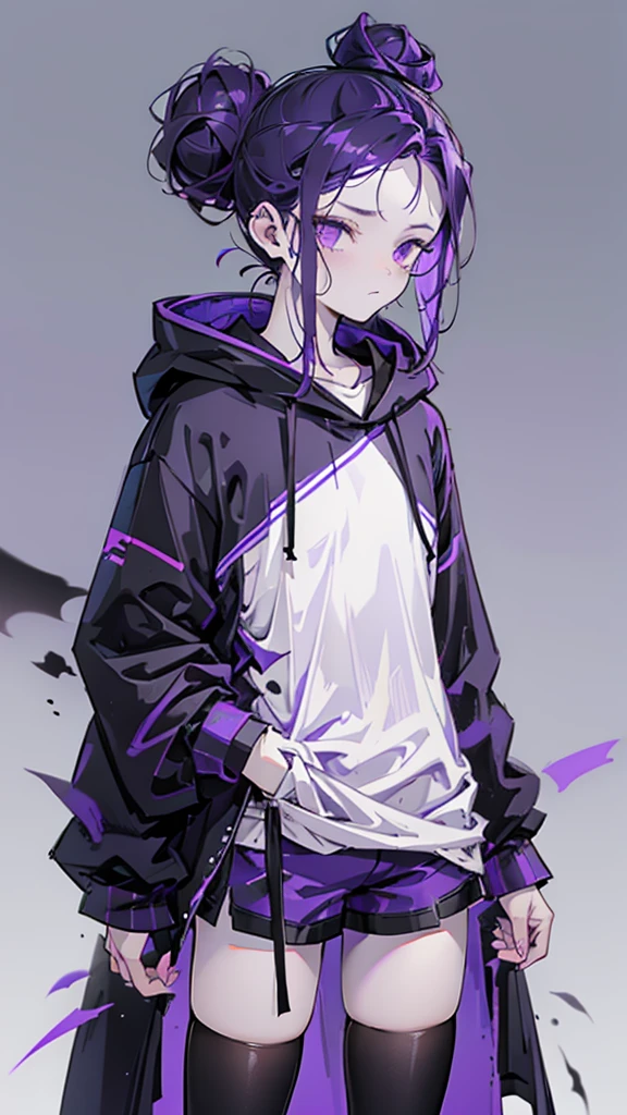 boy. thoughtful look. open forehead. black and purple hair tied in a bun on the left side to one side. sinuous black horns wrapped in dark purple ribbon. pale violet eyes. in short dark purple shorts. long white T-shirt. dark purple knee-high socks. dark purple long cloak with hood. ancient dark purple stone walls purple light from lamps on an old piano