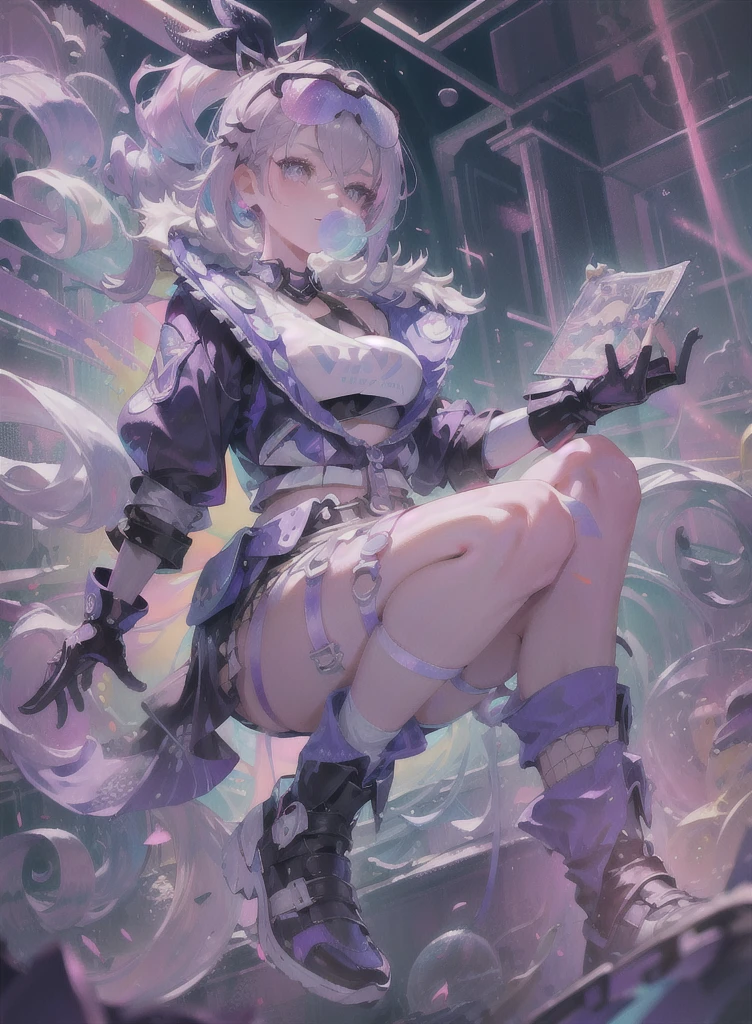 full body, 1girl, , solo, Eye focus,Masterfully crafted Glow, pink lens flare, Cinematic background,colourful, hyper details, hdr, ultra detailed eyes, , plump, rainbow painting drops,(supermodel:1.3), made up from paint, entirely paint, splat, splash, indoors, (bioluminescent hair:1.1),(glowing eyes),  ((makeup)), fiercerful, splashes of colour absolutely eye-catching, dynamic angle, beautiful detailed glow, ambient occlusion, ambient light, raytraced reflections, retro style, living arcade characters, arcade style world, gloves, jacket,weapon, shorts, black gloves, black jacket, gun, drill hair, black shorts, eyewear on head, bubble blowing, chewing gum, (Cute face:1.3), --s2