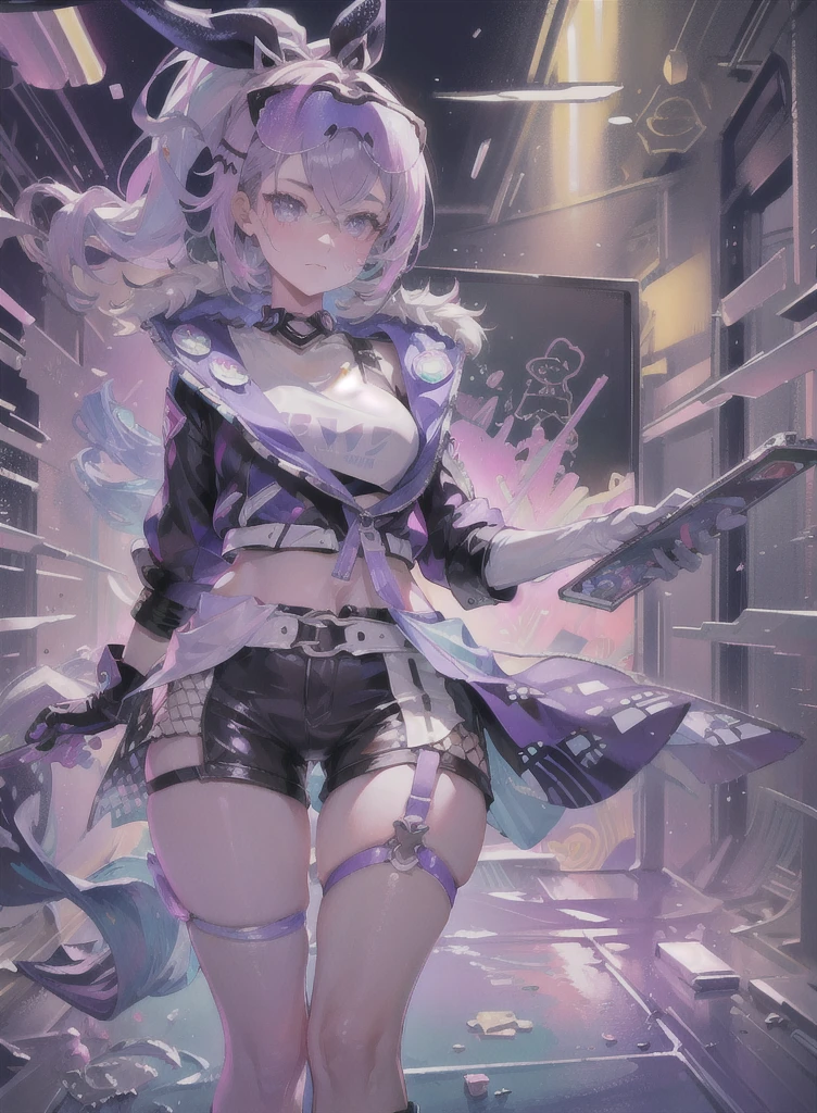 full body, 1girl, , solo, Eye focus,Masterfully crafted Glow, pink lens flare, Cinematic background,colourful, hyper details, hdr, ultra detailed eyes, mature, plump, rainbow painting drops,(supermodel:1.3), made up from paint, entirely paint, splat, splash, indoors, (bioluminescent hair:1.1),(glowing eyes),  ((makeup)), fierce, powerful, splashes of colour absolutely eye-catching, dynamic angle, beautiful detailed glow, ambient occlusion, ambient light, raytraced reflections, retro style, living arcade characters, arcade style world, gloves, jacket,weapon, shorts, black gloves, black jacket, gun, drill hair, black shorts, eyewear on head, bubble blowing, chewing gum, (Cute face:1.3), --s2