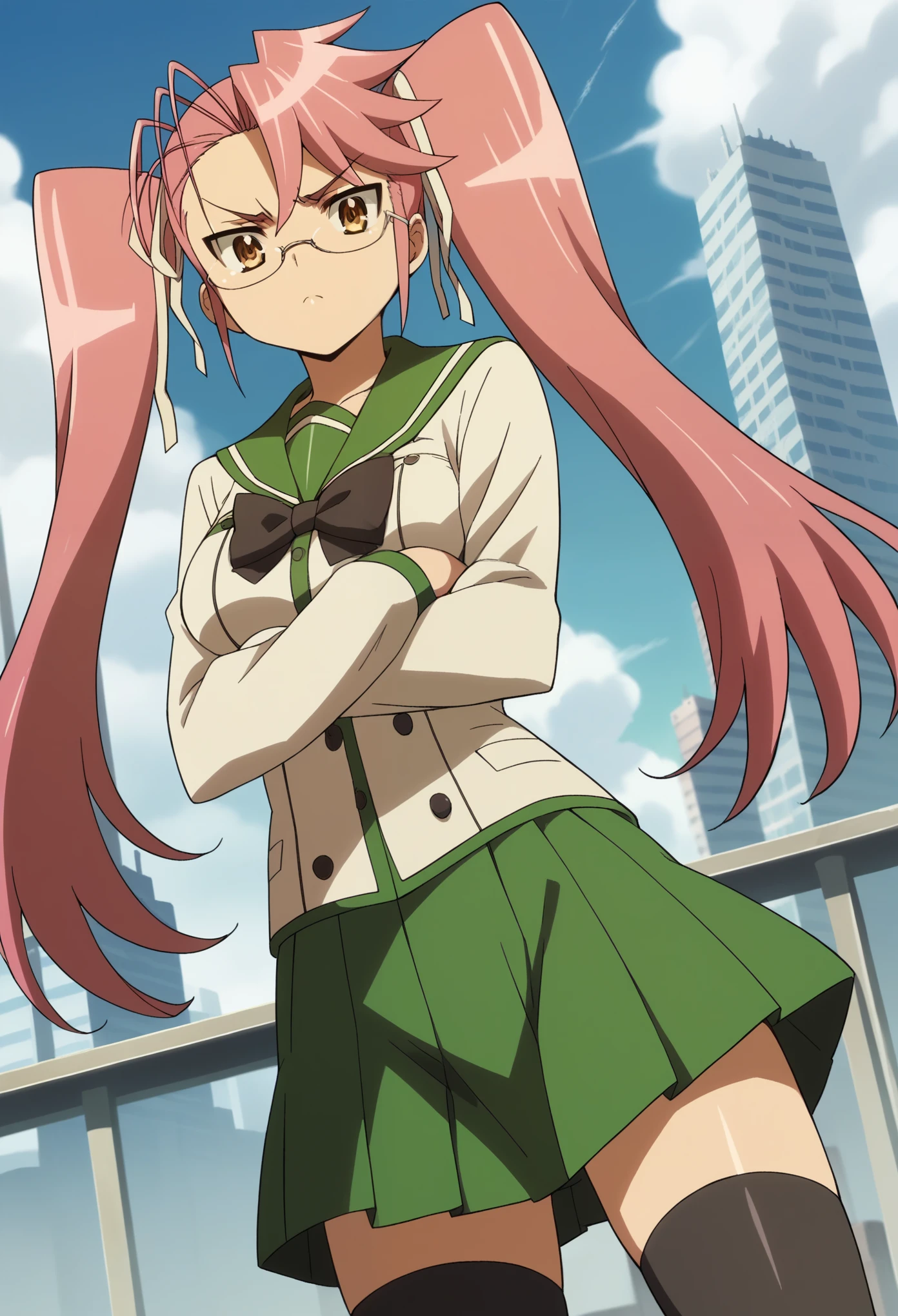 score_9, score_8_up, score_7_up, source_anime, sayatakagi, saya takagi, long hair, ribbon, twintails, brown eyes, hair ribbon, pink hair, glasses, skirt, thighhighs, , serafuku, zettai ryouiki, green skirt, bowtie, long sleeves, black thighhighs, black bowtie, outdoors, cityscape, crossed arms, looking at viewer, cowboy shot, dutch angle,
