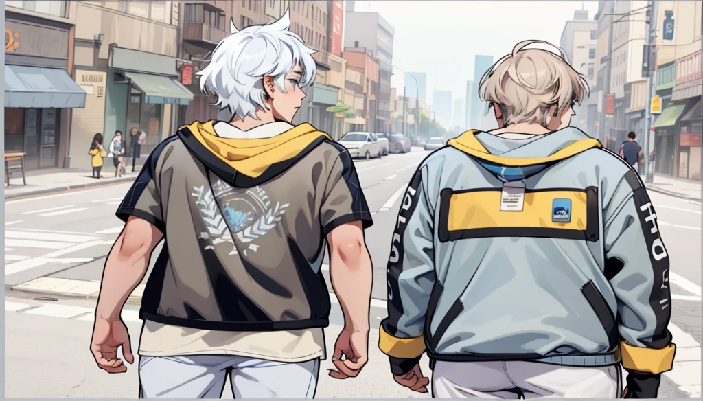 There are two boys with blue-gray hair and the other with brown hair. They are with white shirts.