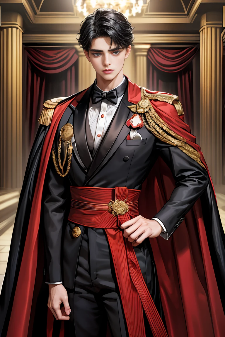 masterpiece, 最high quality, high quality, 1 boy, alone, Male focus, Watching the audience, Messy black hair, Adorable big blue eyes, White people, Noble, Noble,Sexy voluminous black and red cape、Tuxedo、A very voluminous, large, very large, very large, long, long red and black cape with a high stand-up collar, reaching down to the floor, made of a lot of fabric., 17 years old,Cute beautiful boys,Cute, cute, kind, handsome guy