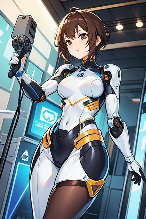 (Perfect body),Best Quality,(8K Portrait),(Official art)、(((((Brown skin)))))、(V-shaped eyebrows)、embarrassed from、(:D)、showing teeth、(((blush))),(Sweat),((large udder))、((Big ass))、(Dark hair),((poneyTail)), blush,Short hair, (Brown eyes),(((thick thighs)))、(((White and gray bodysuit))、(cosmic space)、(spreading legs)、sitting on、Inside the cockpit、Squeeze the lever with both hands、(((front-facing view)))