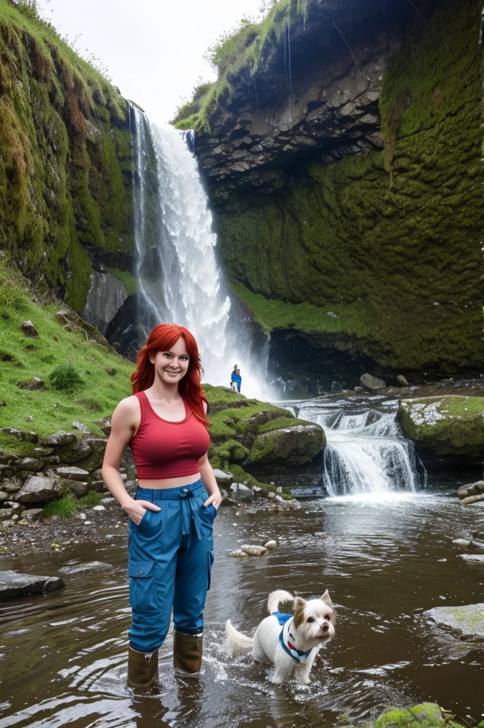 chris Eclear waterfall Flooding In Torrance from 35 feet high Irish Vibrant red  hair girl Big breasts In a Hiking Trousers in the background Standing knee high Blue in water of crystal blue colour with two white little dogs Give this picture an Irish feel of an Irish countryside