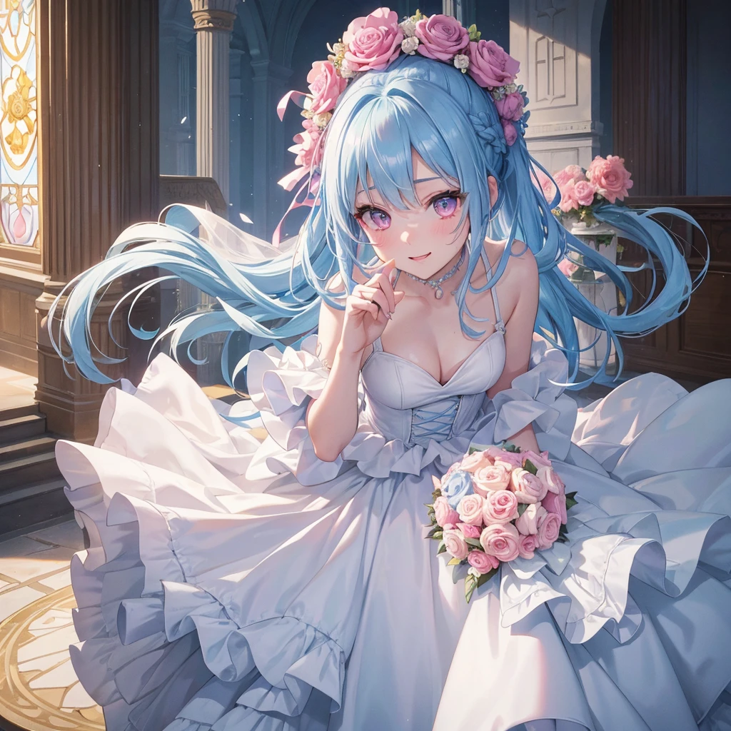 Sky blue hair, (One braided ponytail),(Pink Eyes),Fair skin ,(whole body),(One girl),bride,A big smile,Straight bangs, 6月のbride,Wedding dress,(masterpiece, Highest quality, Very detailed, Best Shadow), (Detailed Background), (Beautifully detailed face), High Contrast, (Best lighting, Very delicate and beautiful), ((Cinematic Light)), colorful, Hyper Detail, Dramatic Light, Intricate details,Chapel background,A bouquet of roses in the right hand,Ring on left ring finger,