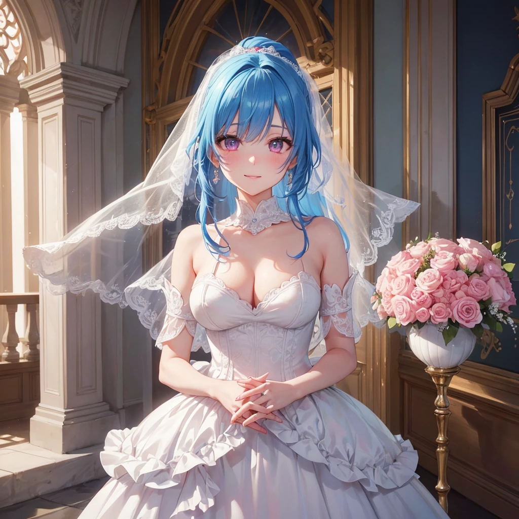 Sky blue hair, (One braided ponytail),(Pink Eyes),Fair skin ,(whole body),(One girl),bride,A big smile,Straight bangs, 6月のbride,Wedding dress,(masterpiece, Highest quality, Very detailed, Best Shadow), (Detailed Background), (Beautifully detailed face), High Contrast, (Best lighting, Very delicate and beautiful), ((Cinematic Light)), colorful, Hyper Detail, Dramatic Light, Intricate details,Chapel background,A bouquet of roses in the right hand,Ring on left ring finger,