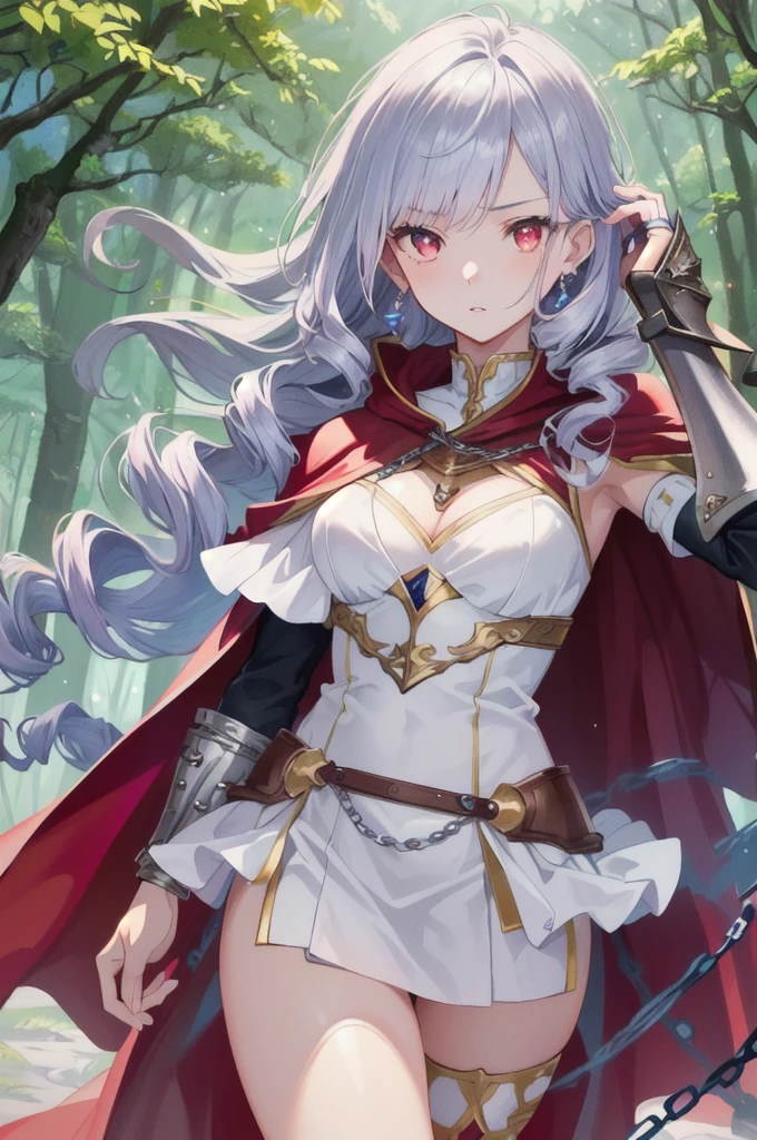 A girl is posing for a photo, cute***, Enchanting girl, Anime Girls, 

(Light purple hair、Wavy Hair、Twin Drill), (Red eyes, Droopy eyes), ((Dark Skin)), break 
(((Silver Armor、Lower body armor、Chain Mail、Jeweled Breastplate、Gauntlet、Shingard、Red Cape)))、

(((Highest quality)), ((masterpiece)), (Very detailed), (High resolution), (Beautiful sparkle), (High detail), (Anatomically correct)), ((Realistic)), ((The best CG)), Highly detailed art, CG illustration, 16K, 1080P, Oil paints:1.2,   

(((One Girl))), 
(Symmetrical facial features, Perfect Face), Beautiful clavicle, (Beautiful fingers), (Beautiful breasts, (Ｃcup)), 
Beautiful body, Beautiful thighs, Beautiful legs, Perfect round ass, (((Detailed skin, Oily skin, Textured skin, Beautiful Skin))), 

(((Baby Face, cute, ************))), double eyelid, Long eyelashes, 
(Expression of fine eyes, Beautiful and delicate eyes, Sparkling eyes, Eye Reflexes), 
(Beautiful Nose,Thin Nose), 
(Glossy Lips, Beautiful Lips, Thick lips), 

(Beautiful Hair, Shiny Hair, Shiny Hair), Hair fluttering), 

(Serious expression),  
break 

(noon、(Fantasy World、in the forest)), ((walking、Cowboy Shot))
