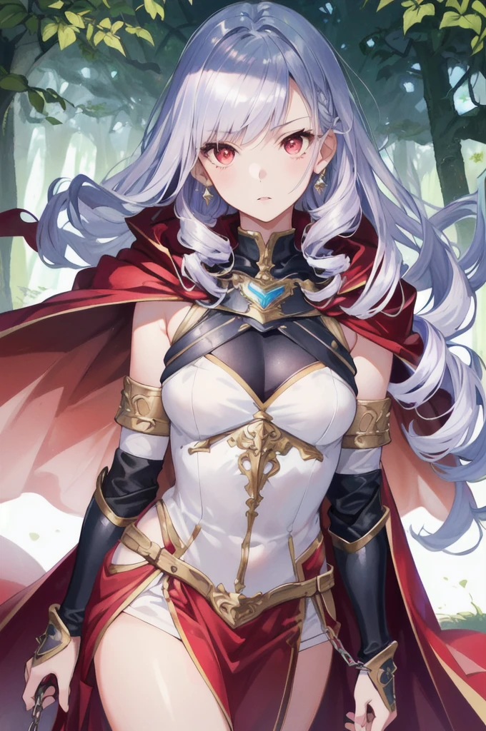 A girl is posing for a photo, cute女の子, Enchanting girl, Anime Girls, 

(Light purple hair、Wavy Hair、Twin Drill), (Red eyes, Droopy eyes), ((Dark Skin)), break 
(((Silver Armor、Lower body armor、Chain Mail、Jeweled Breastplate、Gauntlet、Shingard、Red Cape)))、

(((Highest quality)), ((masterpiece)), (Very detailed), (High resolution), (Beautiful sparkle), (High detail), (Anatomically correct)), ((Realistic)), ((The best CG)), Highly detailed art, CG illustration, 16K, 1080P, Oil paints:1.2,   

(((One Girl))), 
(Symmetrical facial features, Perfect Face), Beautiful clavicle, (Beautiful fingers), (Beautiful breasts, (Ｃcup)), 
Beautiful body, Beautiful thighs, Beautiful legs, Perfect round ass, (((Detailed skin, Oily skin, Textured skin, Beautiful Skin))), 

(((, cute, 16 s old)yelid, Long eyelashes, 
(Expression of fine eyes, Beautiful and delicate eyes, Sparkling eyes, Eye Reflexes), 
(Beautiful Nose,Thin Nose), 
(Glossy Lips, Beautiful Lips, Thick lips), 

(Beautiful Hair, Shiny Hair, Shiny Hair), Hair fluttering), 

(Serious expression),  
break 

(noon、(Fantasy World、in the forest)), ((walking、Cowboy Shot))
