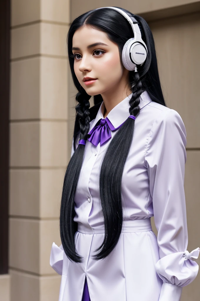 Animated girl long black hair with white pigtails wearing elegant formal clothes and purple vampire headphones