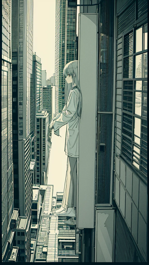 Lonely girl, gloomy theme,Long Hair,City,Buildings