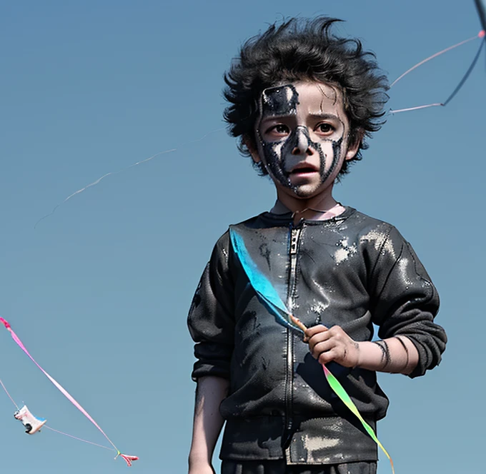 A little boy is electrocuted while flying a kite in a comedy movie, and ends up covered in soot and battered.