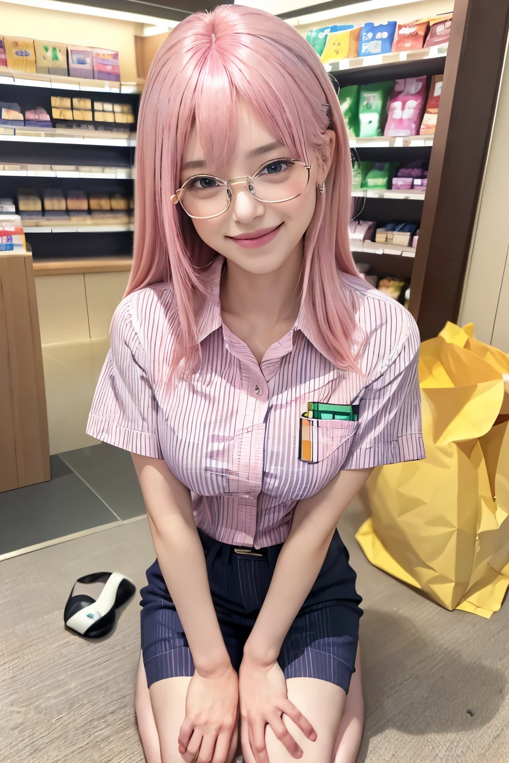 (8K, top-quality, masterpiece:1,2), (reallistic, Photorealsitic:1.37), Super Detail, One girl,), (Highly detailed), (beautifully detailed eyes), (of the highest quality), (super detailed ), (masterpiece), (Detailed face),20yr old, ,1 girl, full body, (pink hair:1.3), (long hair:1.2), medium breasts, clothed, Perfect Lighting, (pussy and breast focus:1.2), looking at viewer, (smile:1.3) ,(seiza:1.3), (convenience store:1.3),convenience store employee uniform, (vertical-striped shirt:1.3),short sleeves, id card, glasses, (steam:1.3),
