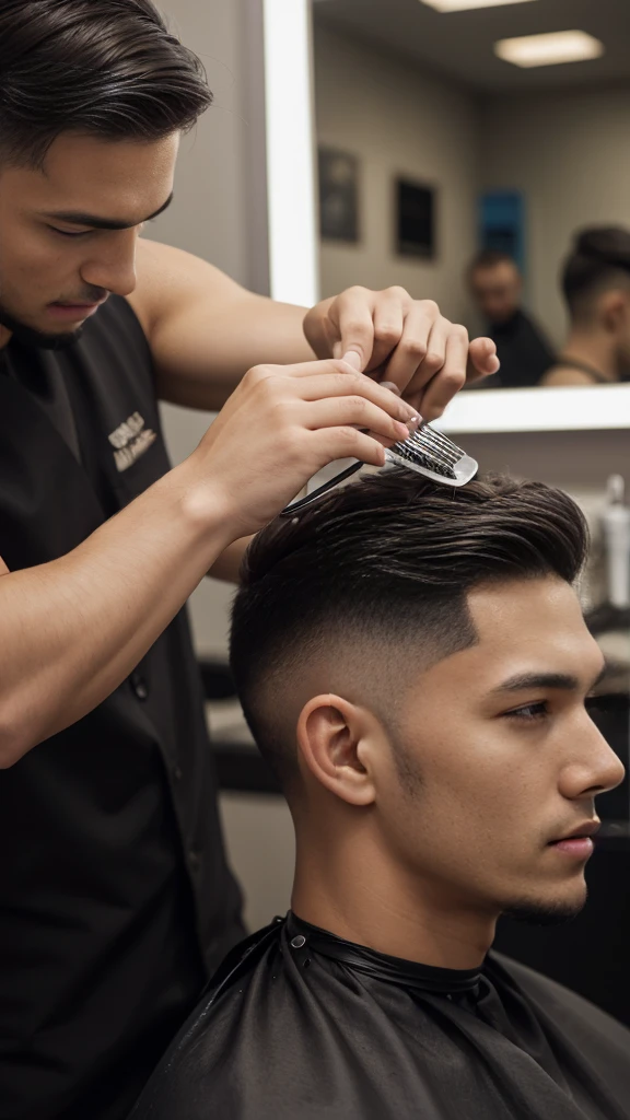 barber using a fine-tooth comb on a client's hair in a stylish barbershop. The barber is carefully combing through the client's hair
