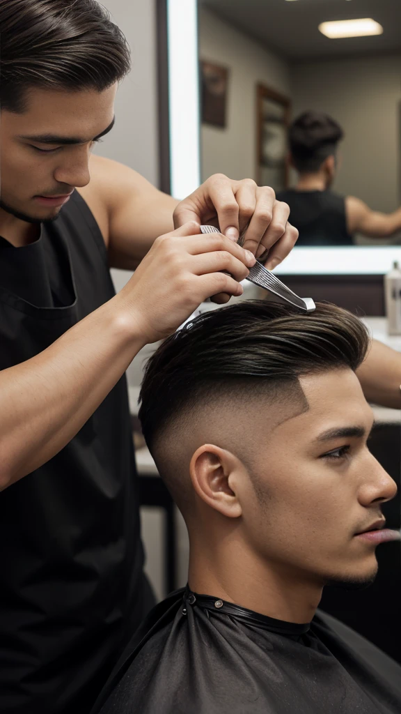 barber using a fine-tooth comb on a client's hair in a stylish barbershop. The barber is carefully combing through the client's hair