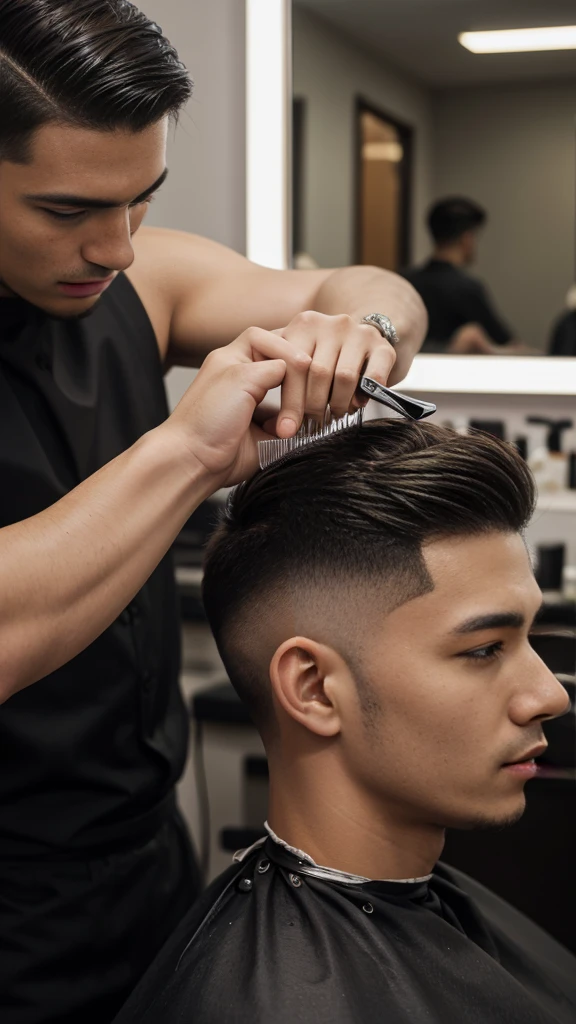 barber using a fine-tooth comb on a client's hair in a stylish barbershop. The barber is carefully combing through the client's hair