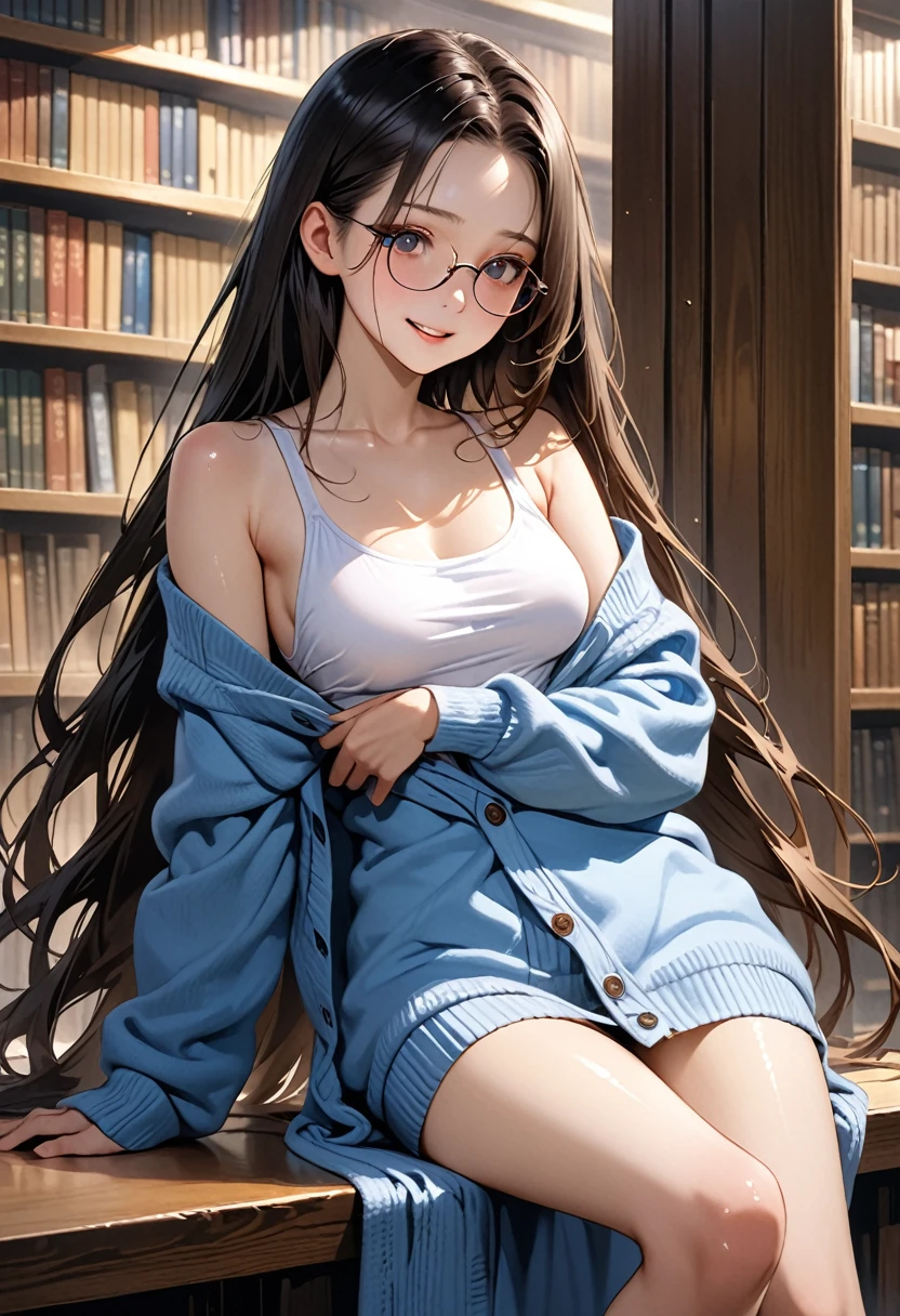 ((masterpiece,Highest quality;1.3,best illustration,realistic)),1woman、独奏,22 year old beauty,((very small head:1.1)),center parted bangs,forehead,black hair,long hair,black eyes,gorgeous eyes,Black-rimmed glasses、tears,shy,Heavy breathing,medium breasts,((very long body)),((toned body,slender body,skinny)),gleaming skin,shiny skin,oily skin,(oversized blue cardigan,Dark blue pleated mini skirt)、White tank top、kneeling,incontinence、peeing,library、Tokyo、