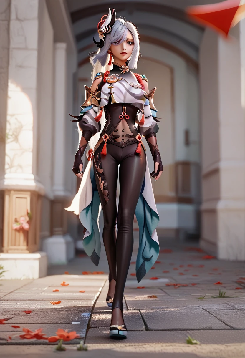 3D render of girl, shenhe_\(genshin_impact\), full body, walking with spear