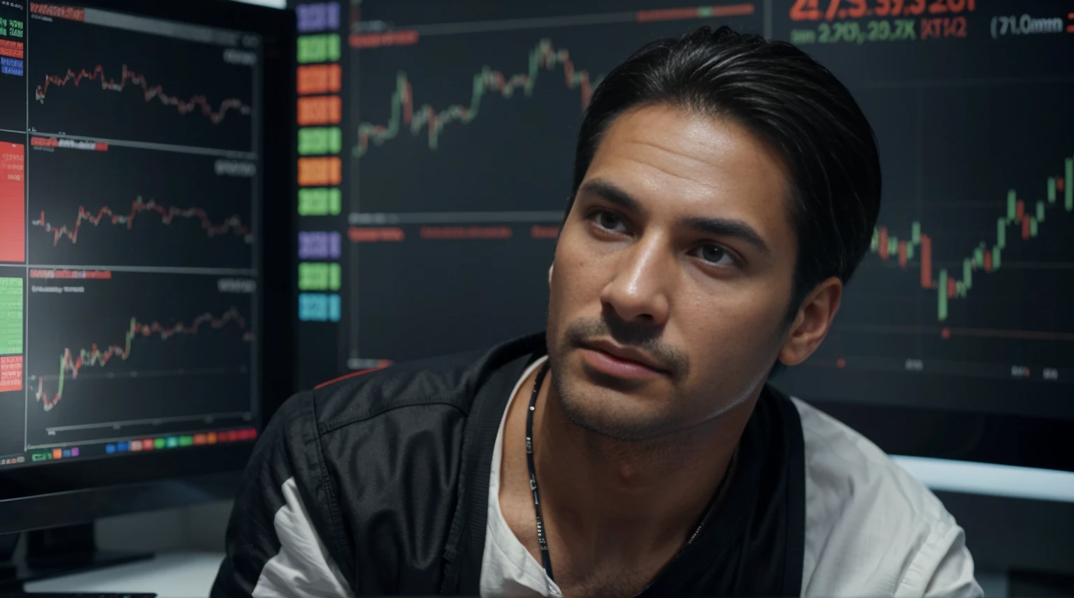 a man analyzing a stock market chart, ultra detailed image, realism, 8k, hyper detailed skin, intense and vivid colors.