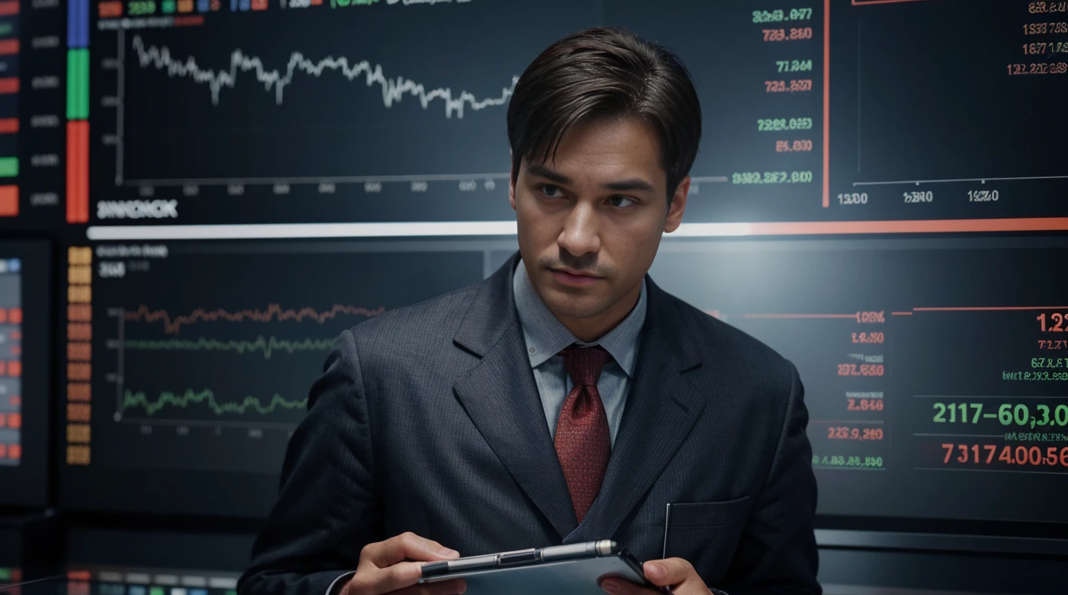 a man analyzing a stock market chart, ultra detailed image, realism, 8k, hyper detailed skin, intense and vivid colors.